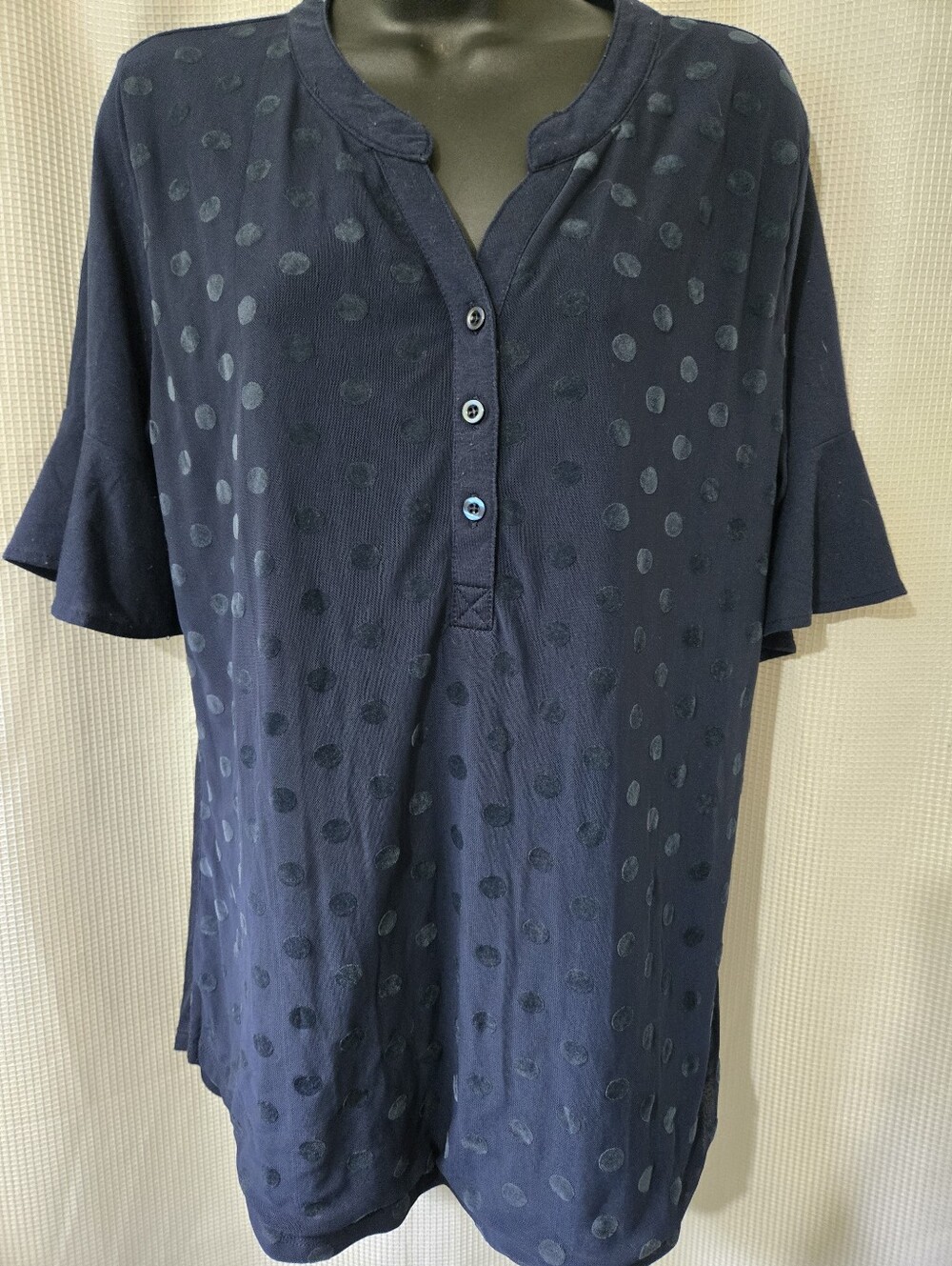 Navy Dot Henley Tunic Top - Casual Short Sleeve